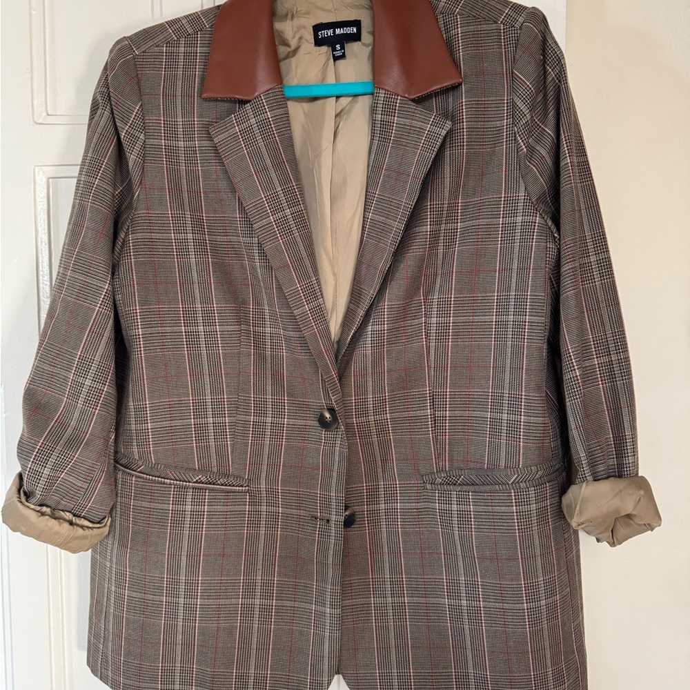 Steve Madden Plaid Blazer with Faux Leather Collar